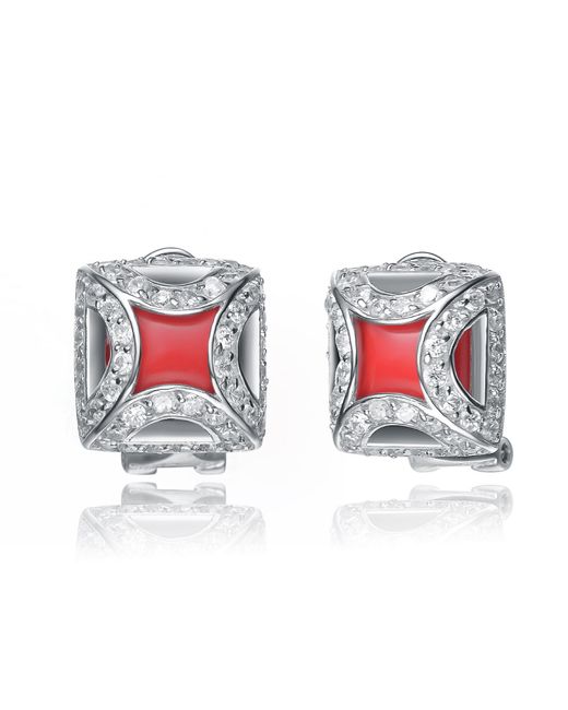 Genevive Jewelry Cubic Zirconia Sterling Silver White Gold Plated Coral Square Shape Earrings