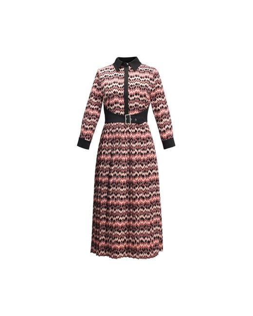 Smart and Joy Red Bi-Material Pleated Shirt Dress With Appliqué Belt & Herringbone Print