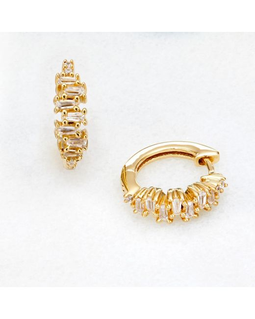 Lily & Roo Metallic Small Stacked Baguette Diamond Style Huggie Hoop Earrings