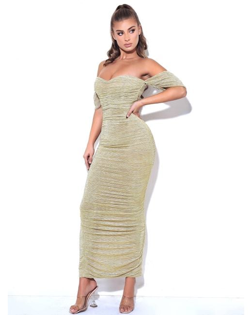 Miss Circle New York Metallic Gene Ruched Off Shoulder Chiffon Dress