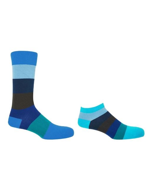 Peper Harow - Made in England Blue Block Stripe Aqua Luxury Crew & Trainer Socks Bundle for men