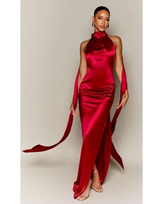 Moda Glam Red Muse Cowl Neck Open Back Gown