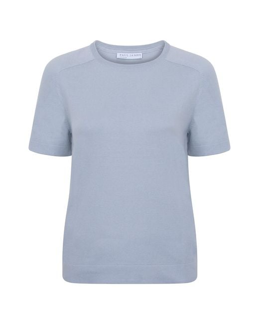 Paul James Knitwear Blue Ultra Fine Cotton Cassie Saddle Shoulder Knitted T-Shirt