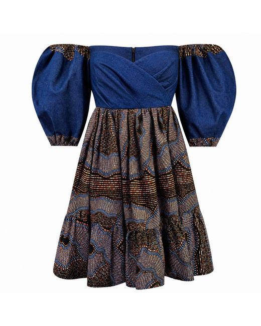 Ohema Ohene Blue Michaela Denim & African Print Off-Shoulder Dress