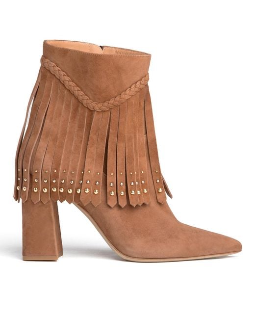 Beautiisoles by Robyn Shreiber Made in Italy Brown Tal Cognac Bootie Suede Fringes With Zipper Elegant & Comfortable For Work & Evening