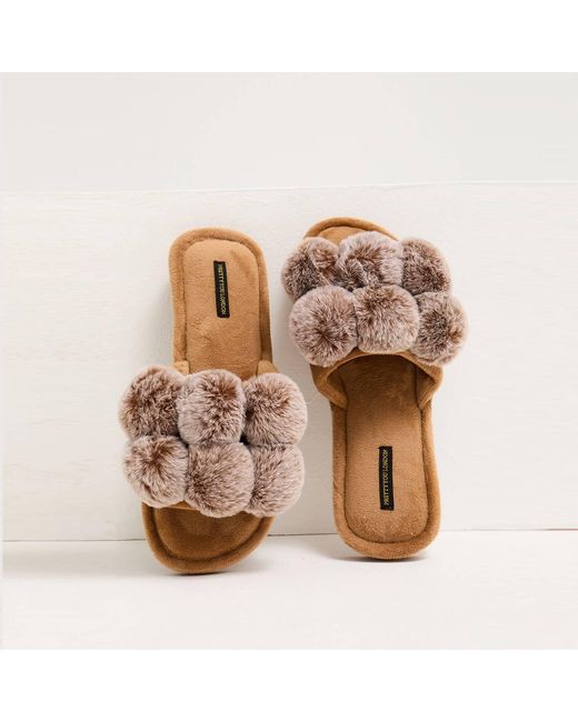Pretty You London Brown Dolly Fun Pom Slider Slippers