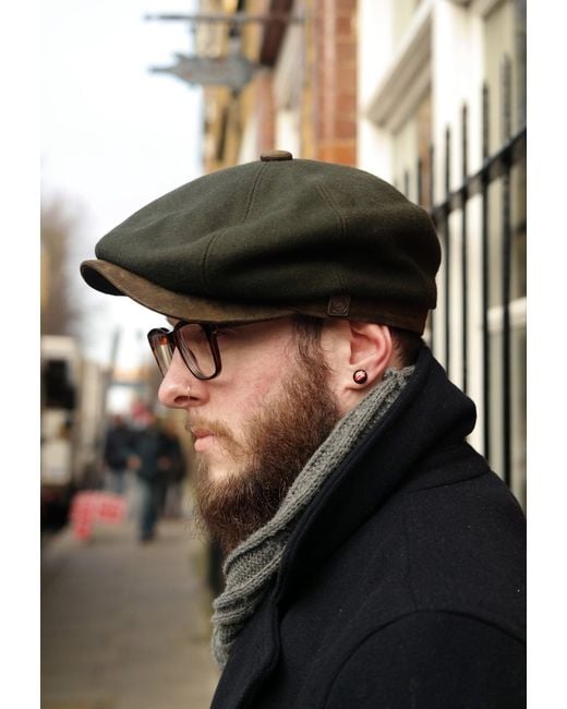 Dasmarca Hats Green Eden Wool Newsboy Bakerboy Peaky Cap With Leather Visor Peak for men