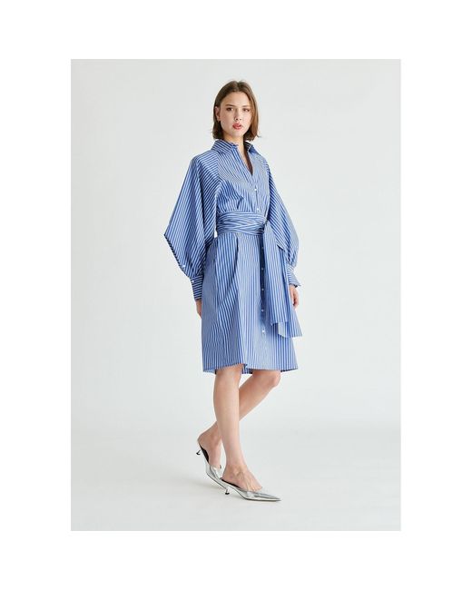 Paisie Blue Striped Volume Sleeve Shirt Dress With Matching Tie Belt