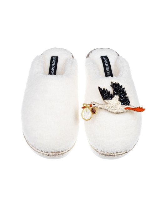Laines London White Neutrals Teddy Closed Toe Slippers With Dark Skin Baby Stork Brooches