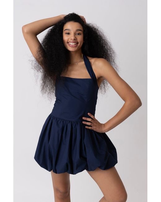 Amy Lynn Blue Pure Cotton Halterneck Mini Puffball Dress