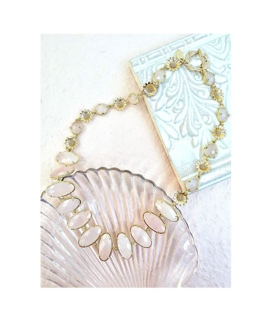 Farra Natural Rose Quartz With Flower Chain Statement Necklace