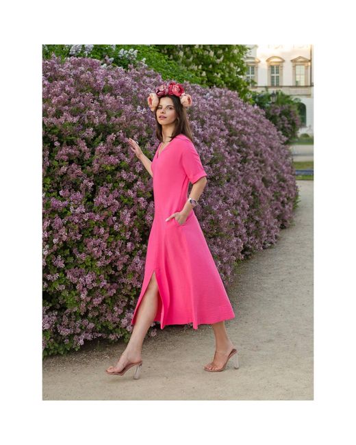 Oh!Zuza Pink Echo Viscose Midi Dress Short Sleeve With Pockets