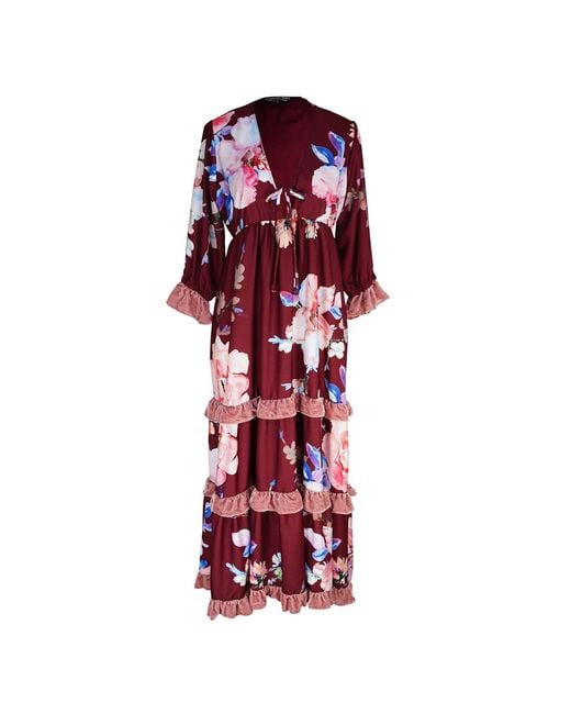 Jennafer Grace Red Plum Rose Velvet Ruffle Maxi Dress