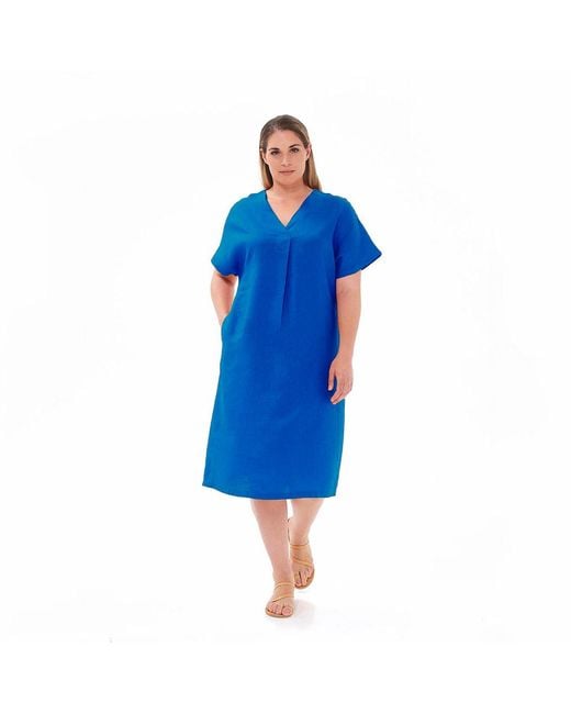 Haris Cotton Blue Notched Neckline Curve Linen Dress With Batwing Sleeve Sapphire