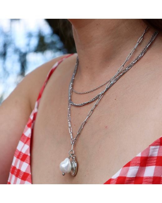 FV Jewellery Metallic Steel Me Triple Chain & Pearl Necklace