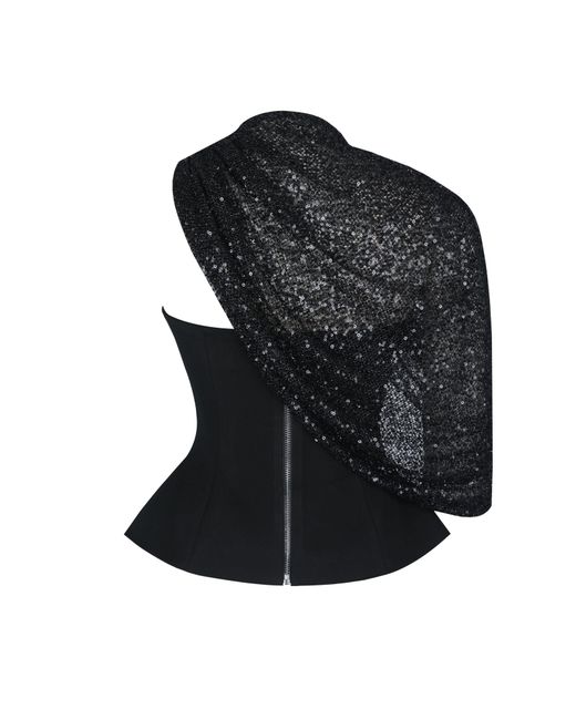 Miss Circle New York Black Quinette Peplum Top With Beaded Asymmetrical Cape