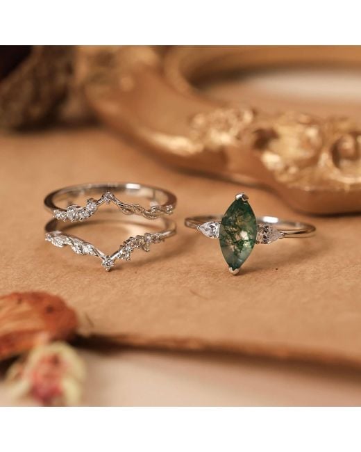 Azura Jewelry New York White Sonoran Sunrise Moss Agate Vermeil Ring Set