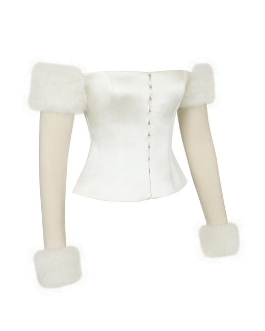 Miss Circle New York White Nola Ivory Off-Shoulder Fur Trimmed Top