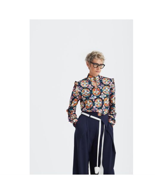 Julia Allert Multicolor Designer Satin Blouse With Bishop Sleeves And Stand Collar – Print