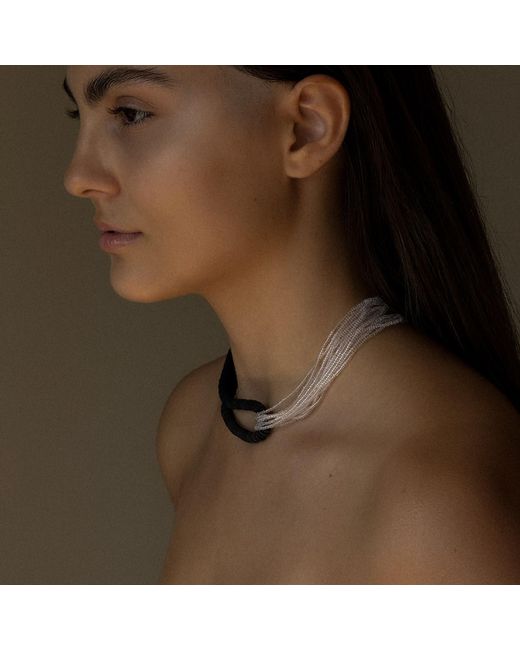 WAIWAI Black Interlock Leather And Glass Bead Necklace