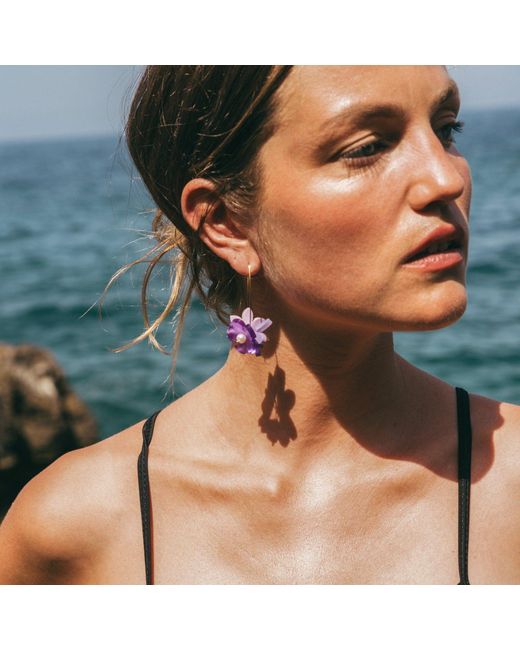 By Chavelli Purple Flowerball Dangly Earrings