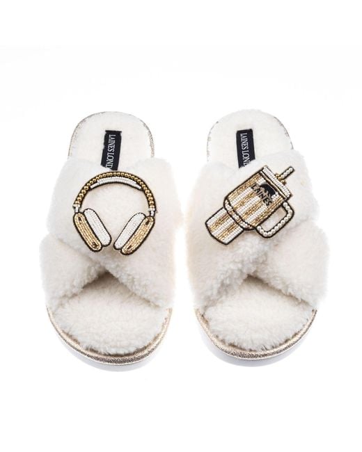Laines London White Neutrals Laines Neutral Boucle Slippers With Headphones & Quencher Brooches