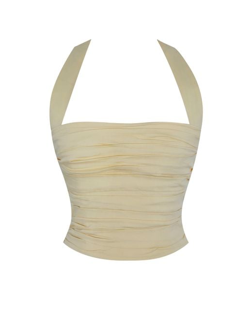 Miss Circle New York White Wilsie Lemon Cotton Poplin Ruched Halter Top