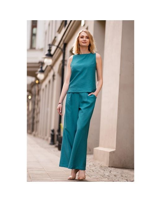 Oh!Zuza Blue Matte Viscose Top & Wide-Leg Trousers Set