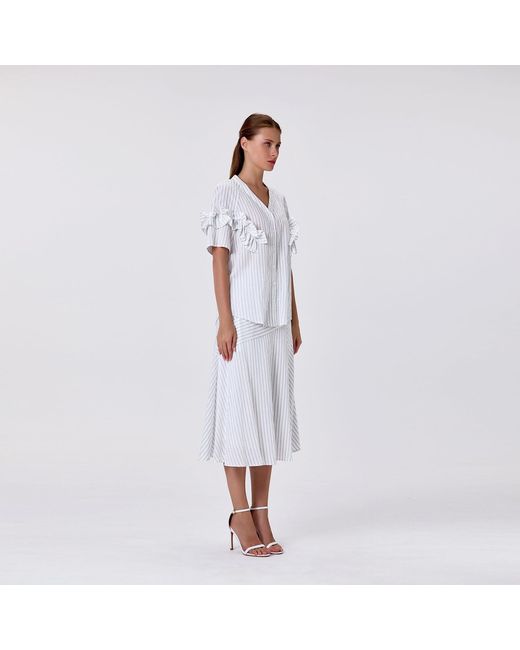 Smart and Joy White Flared Midi Skirt With Stripes