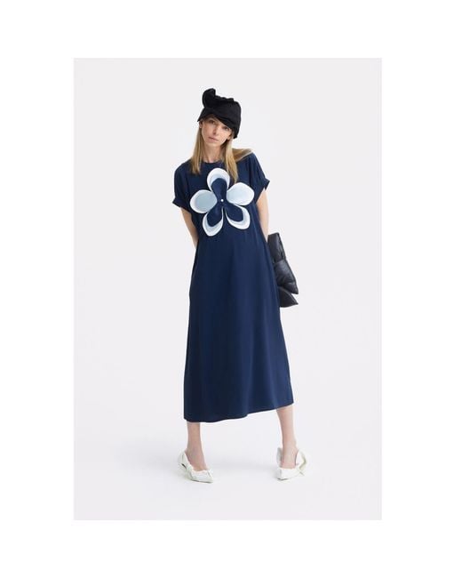 Julia Allert Blue Silky Touch Midi Dark Dress With Handmade Floral Appliqué