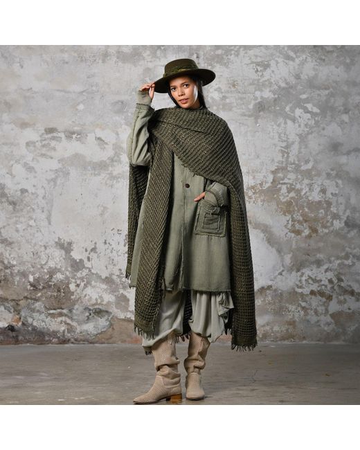 Zhenabia Green Neutrals Waffle Poncho Khaki