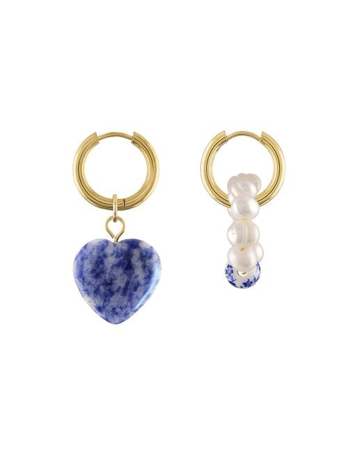 Olivia Le Metallic Hailey Stone Heart Pearl Charm Hoop Earrings