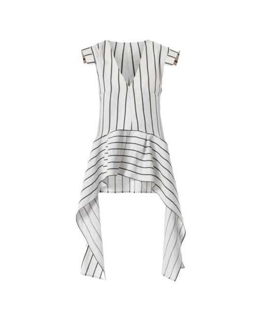 Metamorph Green Asymmetric Linen Top Nn Khaki Stripes