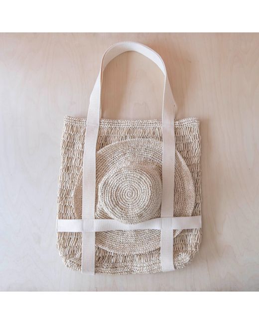 LIKHÂ White Neutrals Handwoven Raffia Beach Tote And Sun Hat Set