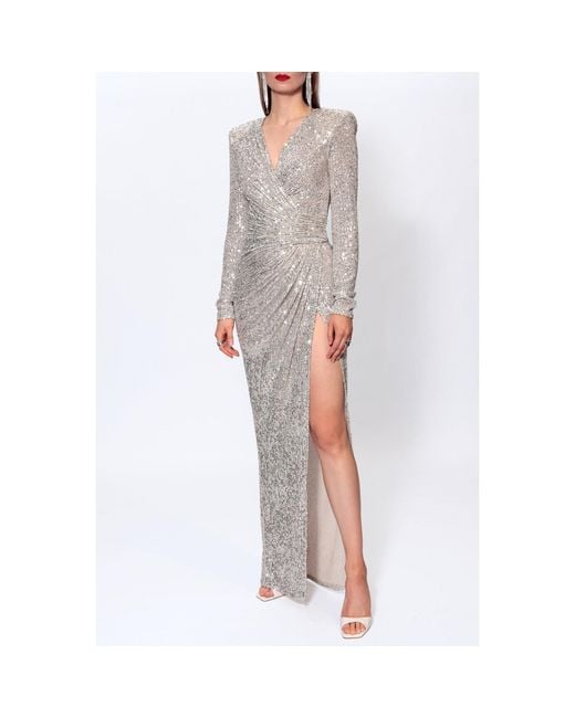 AGGI by HALEWSKI Gray Neutrals Scarlet Champagne Sequined Maxi Dress With Long Sleeves