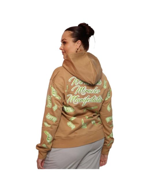 Miracles Manifester Gray Manifestation Embroidered Hoodie With Rhinestone Design