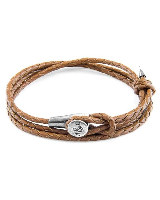 Anchor and Crew Light Brown Dundee Silver & Braided Leather Bracelet for men