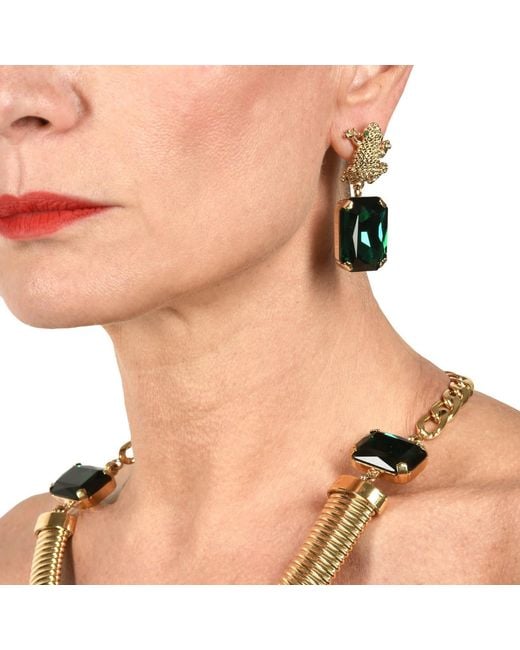Addicted Metallic Armonia Plated Emerald Crystal Earrings With Frog