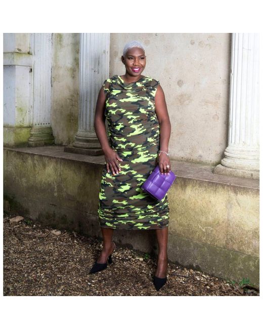 Sylvia Piechulla Green Boudicca Summer Neon Lime Camouflage Camo Midi Dress With Khaki Undergarment