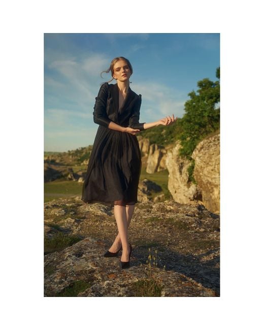 AVENUE No.29 Black Silk V Neck Lapel Dress With Gathered Midi Skirt –