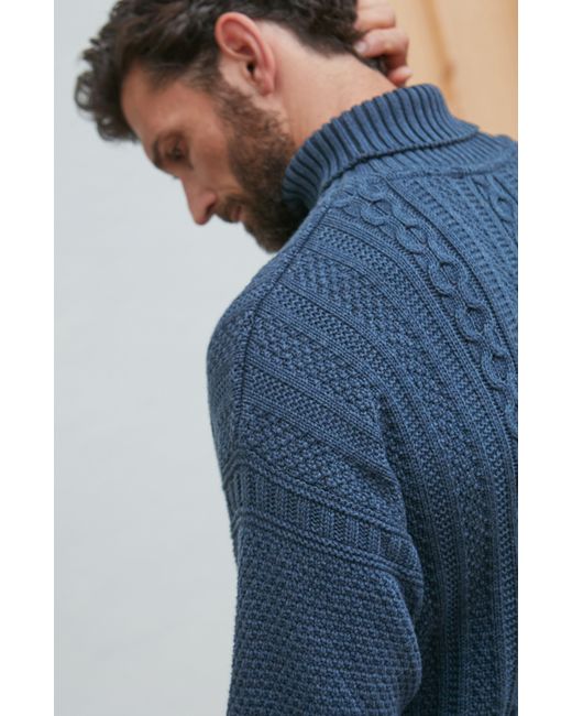Paul James Knitwear Blue Midweight Cotton Aith Cable Roll Neck Gansey Jumper for men