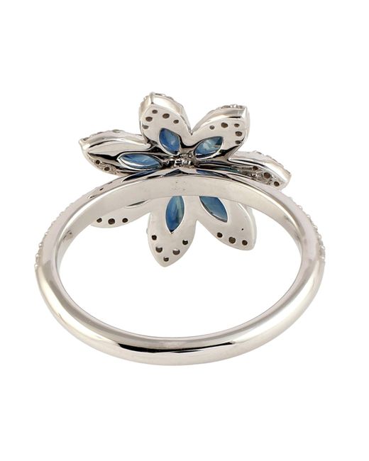 Artisan 18k White Gold In Marquise Cut Blue Sapphire & Pave Diamond Magnolia Flower Ring