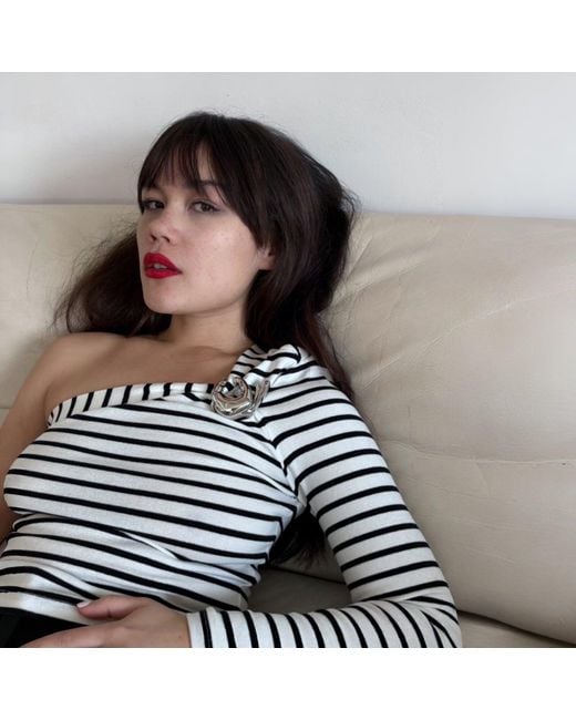 London Atelier Byproduct Multicolor Striped One Sleeve Top With Metal Brooch