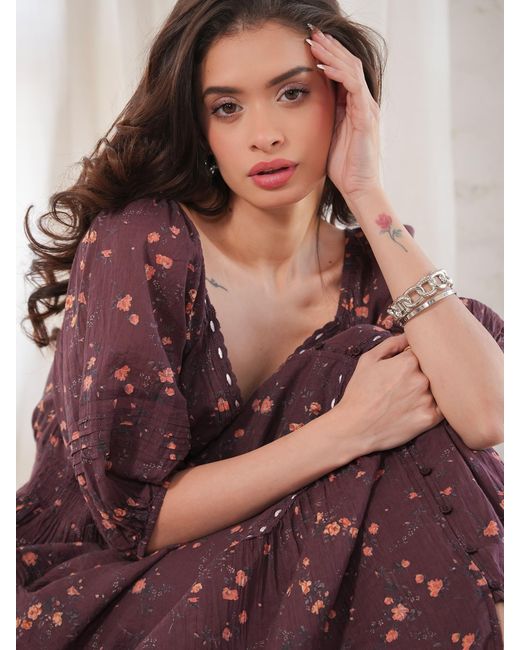 Rose & Nancy Purple Eloise Burgundy Floral Cotton Crinkle Midi Dress