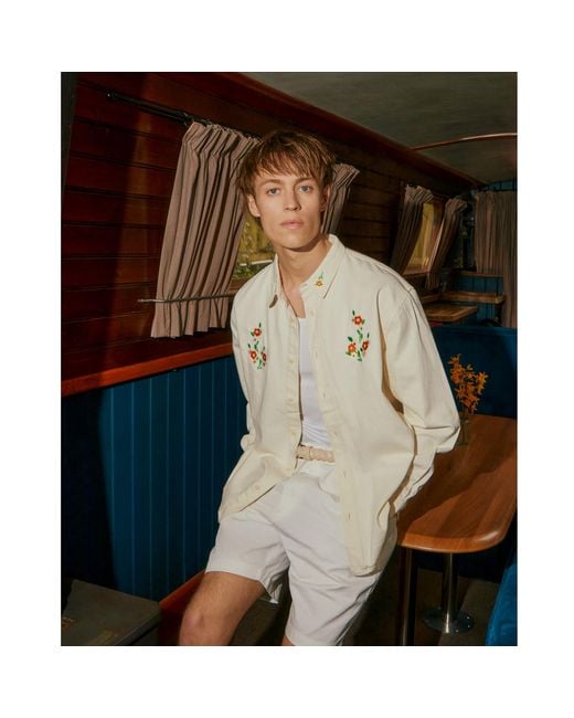 INGMARSON Pink Floral Embroidered Organic Cotton Shirt Ecru for men