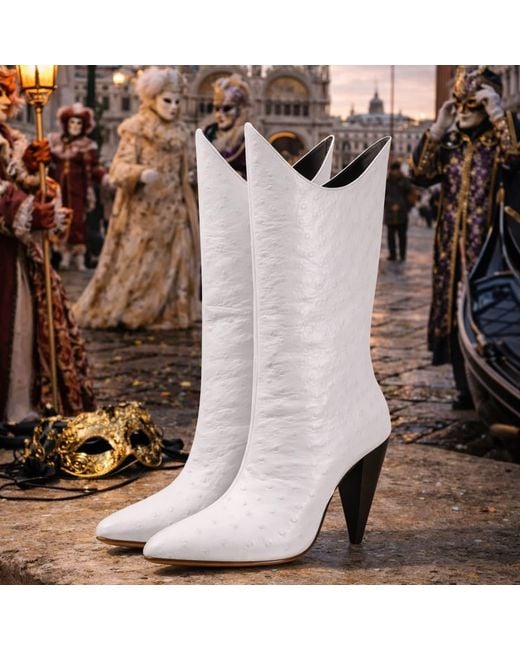 Rosamund Muir London White Venezia Ostrich Print Boots