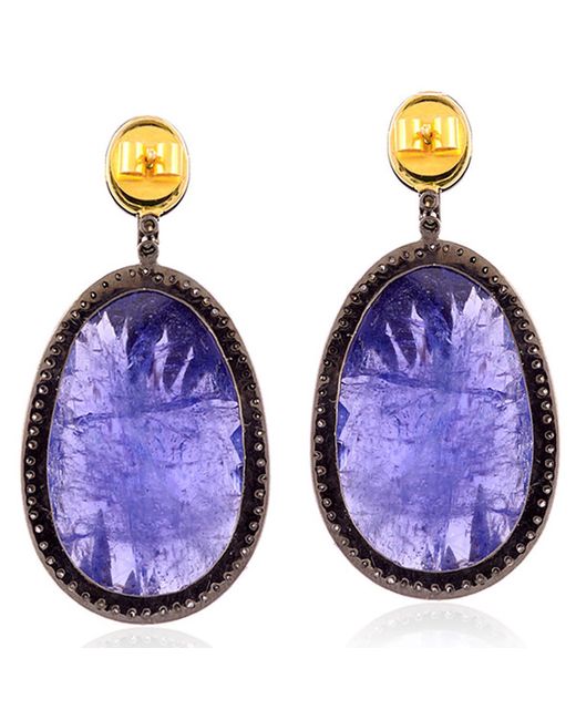 Artisan Purple Tanzanite Emerald Diamond 18k Gold 925 Sterling Silver Dangle Earrings Jewelry