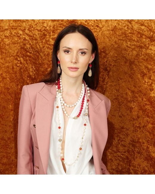 Farra Metallic Coral With Teardrop Rhinestones Statement Earrings