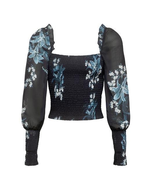 Urban Touch Blue Long Sleeve Floral Print Bodycon Top