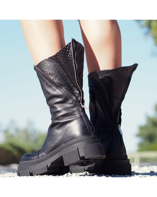 Adrenaline Fashion Blue Leather Perforated Ankle Boots – Handmade Designer Shoes, Chunky Sole, Modern Edgy Style